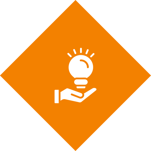 A white hand holding a light bulb icon on an orange diamond-shaped background.